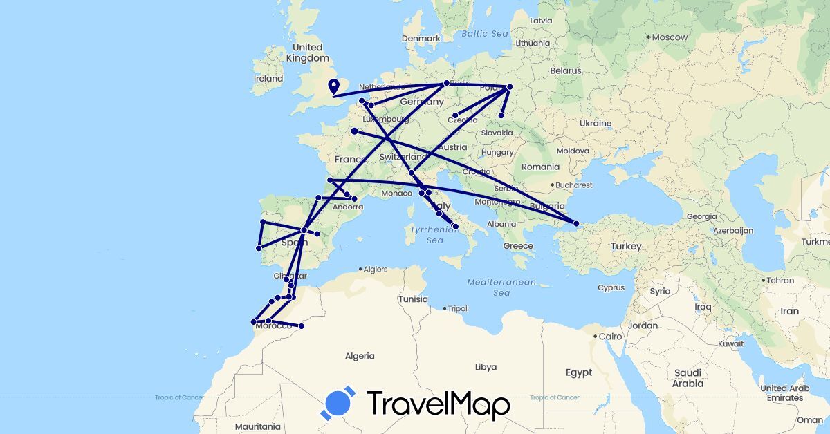TravelMap itinerary: driving in Belgium, Czech Republic, Germany, Spain, France, United Kingdom, Italy, Morocco, Poland, Portugal, Turkey (Africa, Asia, Europe)